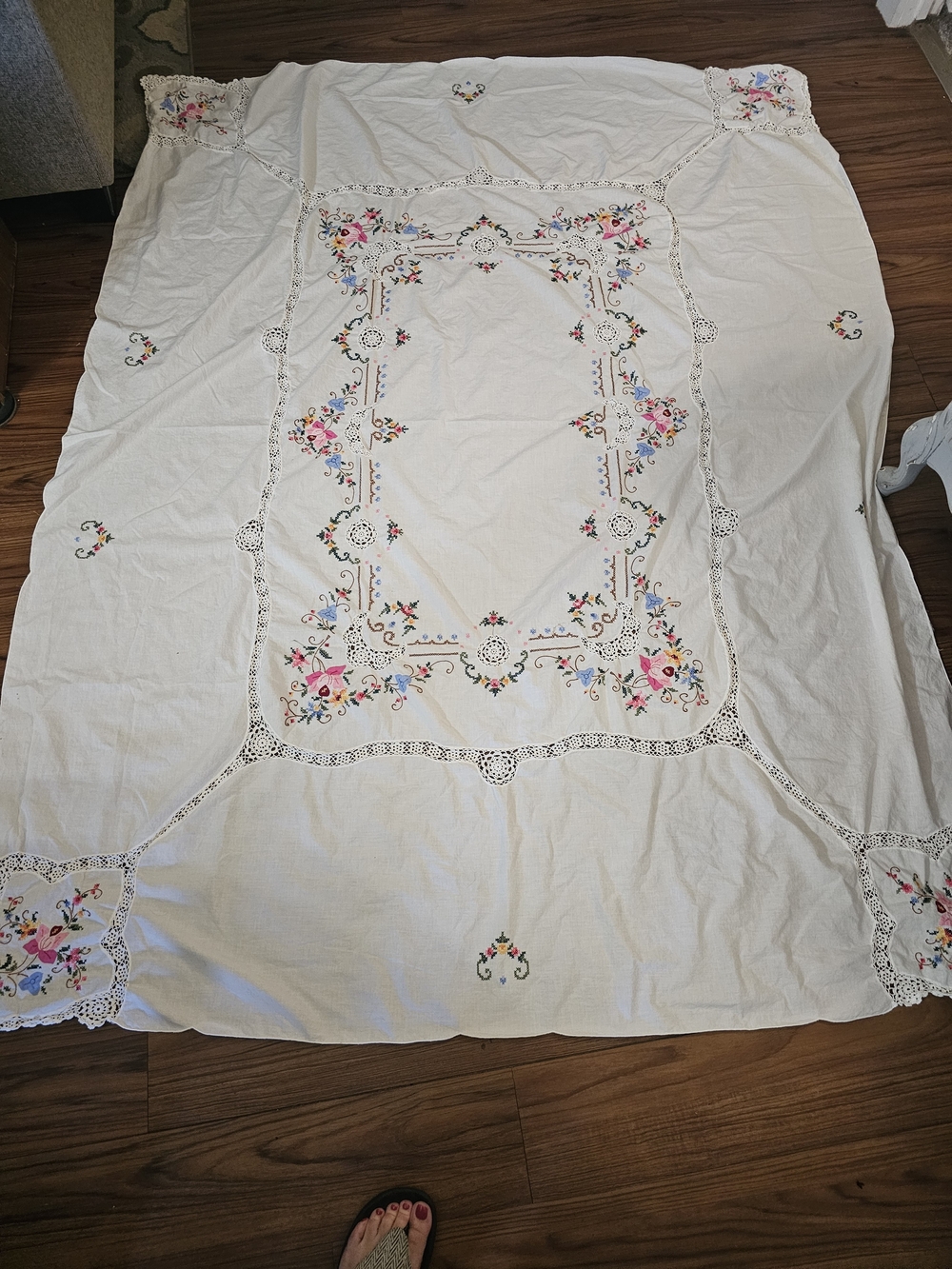 White Hand Cross Stitched Tablecloth